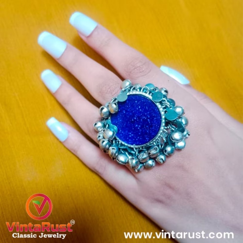 Ethnic Afghan Silver Kuchi Bells Ring, Afghan Statement Massive Ring,